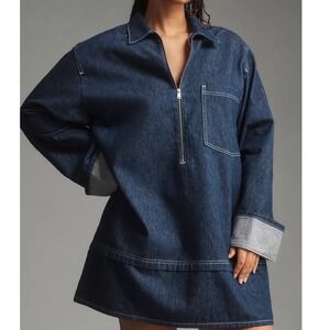 Pilcro Anthropologie Denim Quarter Zip Mini Shift Dress Dark Wash Indigo Small